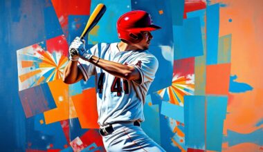 A fragmented, geometric painting depicting a baseball player