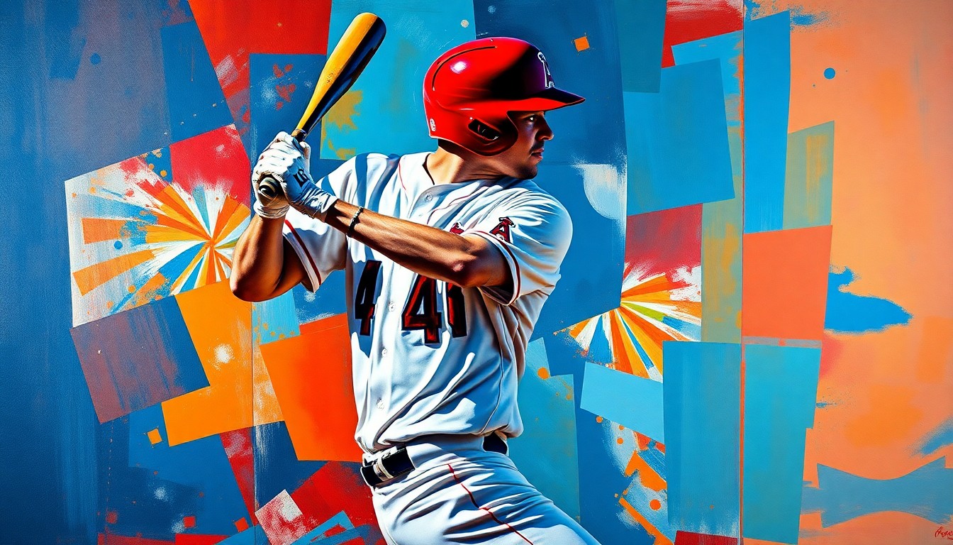 A fragmented, geometric painting depicting a baseball player