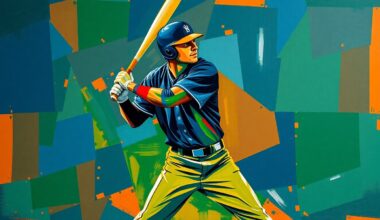 A fragmented, geometric painting depicting a baseball player