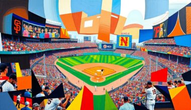 A fragmented, geometric painting in bold colors depicting a baseball game in motion, with overlapping shapes and planes representing the players, field, and stadium.