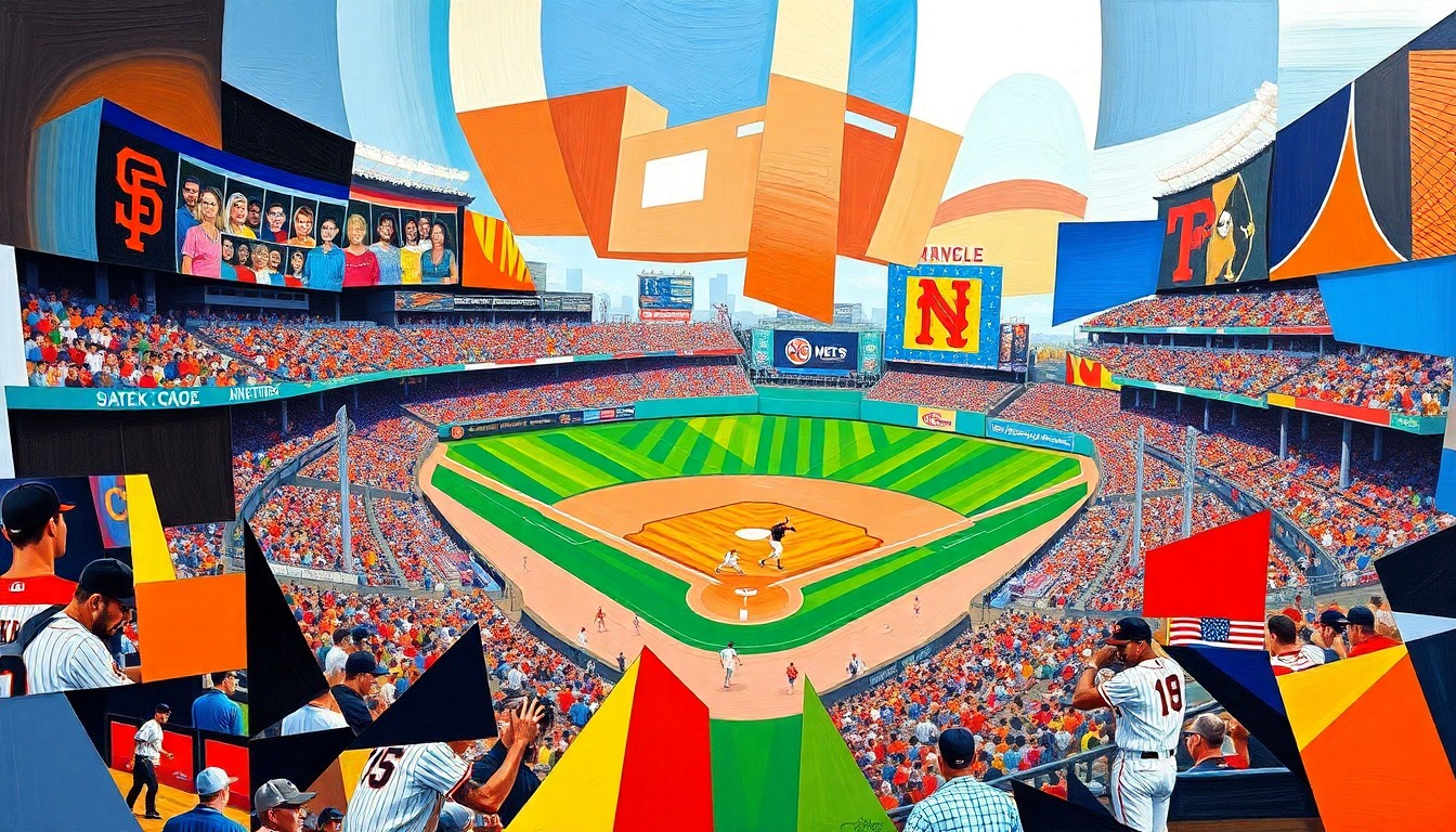 A fragmented, geometric painting in bold colors depicting a baseball game in motion, with overlapping shapes and planes representing the players, field, and stadium.