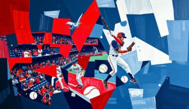 A cubist, geometric painting depicting a baseball player in motion, with overlapping shapes and planes in navy blue, red, and white, representing the dynamic energy of the sport.