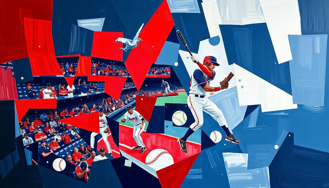 A cubist, geometric painting depicting a baseball player in motion, with overlapping shapes and planes in navy blue, red, and white, representing the dynamic energy of the sport.