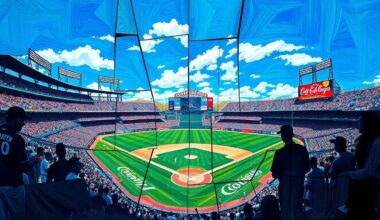 A fragmented, multi-angled painting depicting a baseball game at Coors Field, with players