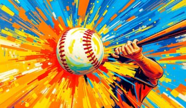 An abstract, expressionist painting in vibrant neon colors depicting the powerful motion and energy of a baseball home run, with the ball itself blurred into an indistinct splash of paint.