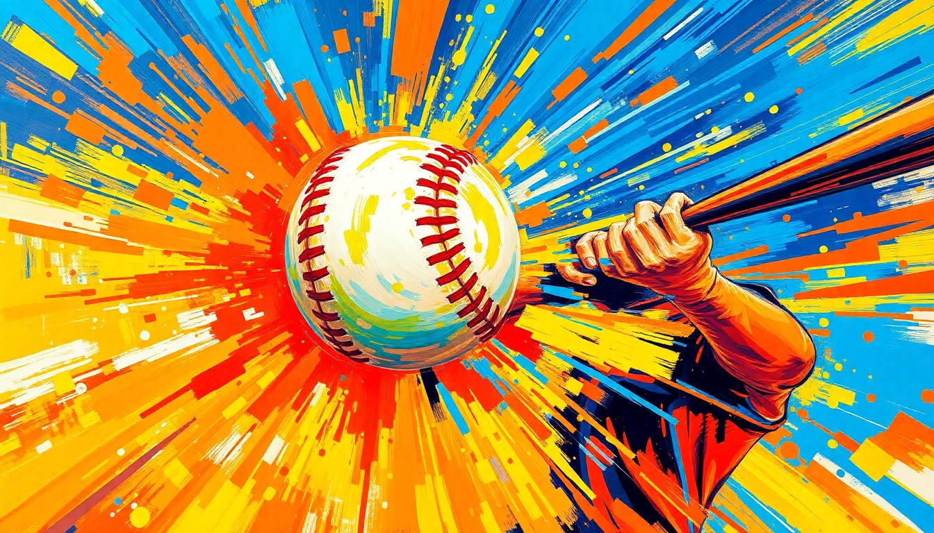 An abstract, expressionist painting in vibrant neon colors depicting the powerful motion and energy of a baseball home run, with the ball itself blurred into an indistinct splash of paint.
