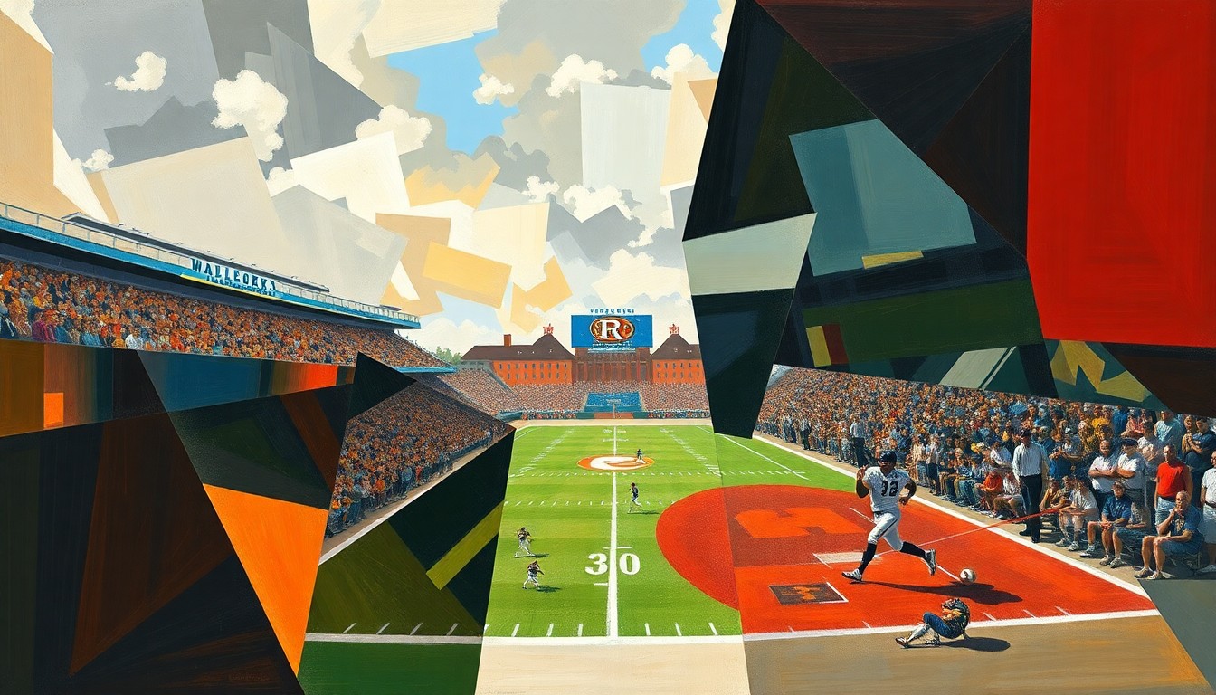A fragmented, geometric painting depicting a football player in motion alongside a baseball player swinging a bat, representing the two-sport talents of Jeff Pyburn.
