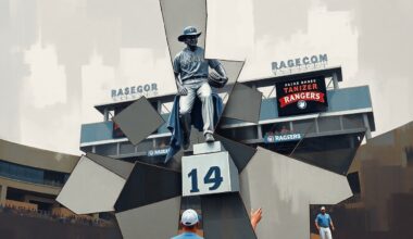 A fragmented, cubist-style painting depicting a Texas Ranger statue at a baseball stadium, its geometric shapes and muted colors conveying the complex history and debate surrounding the statue