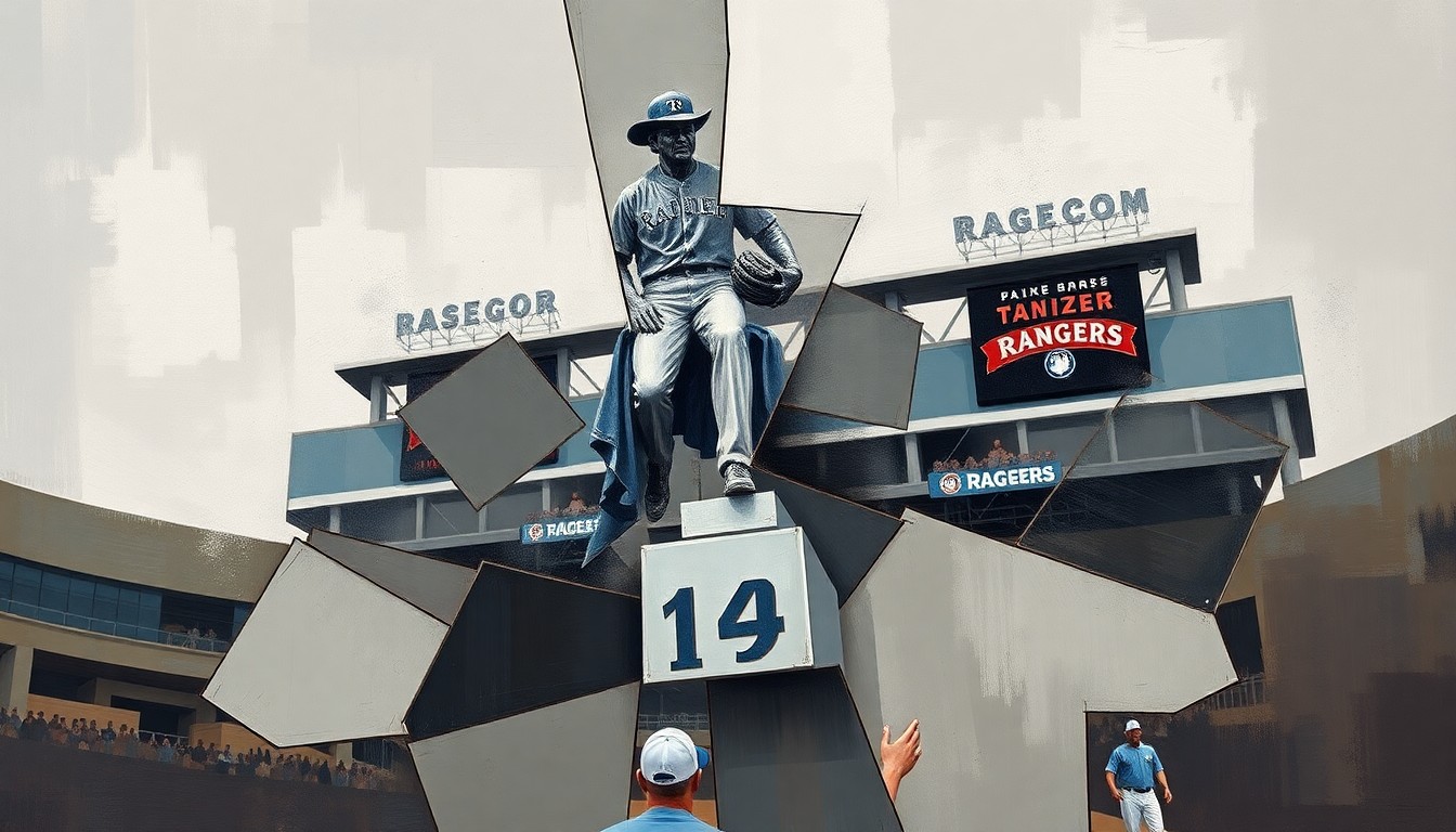 A fragmented, cubist-style painting depicting a Texas Ranger statue at a baseball stadium, its geometric shapes and muted colors conveying the complex history and debate surrounding the statue