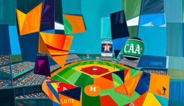 A fractured, multi-perspective painting breaking down a baseball game between the Houston Astros and Oakland Athletics into sharp, overlapping geometric planes of vibrant colors like deep blues, bright oranges, and rich greens.