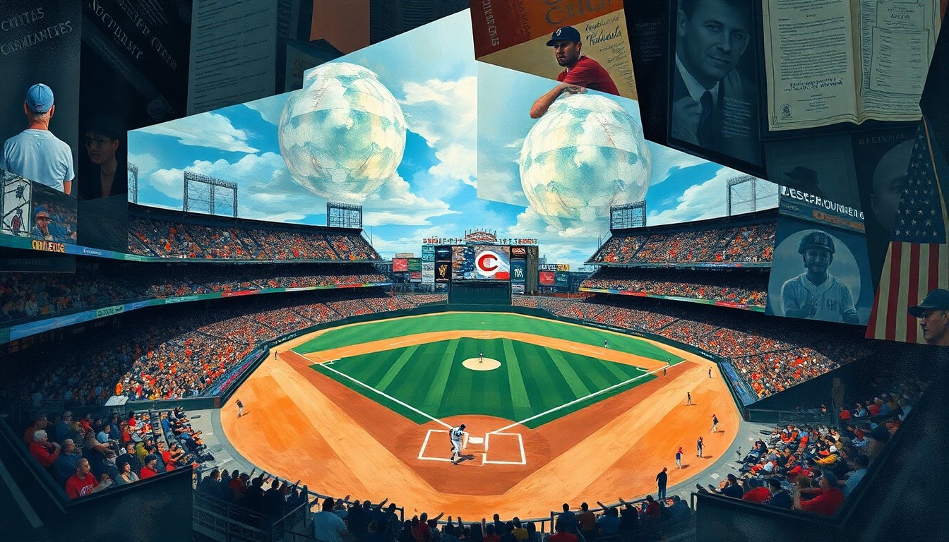 A cubist-style painting featuring overlapping geometric shapes and planes in various shades of green, blue, and red, conceptually representing the energy and movement of a baseball game.