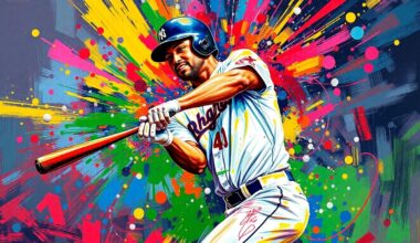 An abstract, expressionist painting in neon colors depicting the dynamic motion of a baseball player hitting a double, with the player