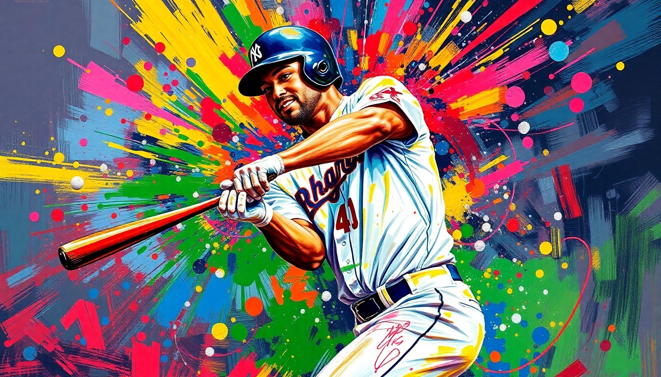An abstract, expressionist painting in neon colors depicting the dynamic motion of a baseball player hitting a double, with the player