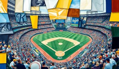 A fractured, geometric painting depicting a baseball game in progress, with the players and field broken down into sharp, overlapping planes of color and shape, conveying the disruption caused by the rain delay.