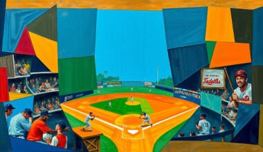 A fragmented, geometric painting depicting the intense action of a baseball game, with sharp planes of color representing the players, bats, and field in an abstract, conceptual style.