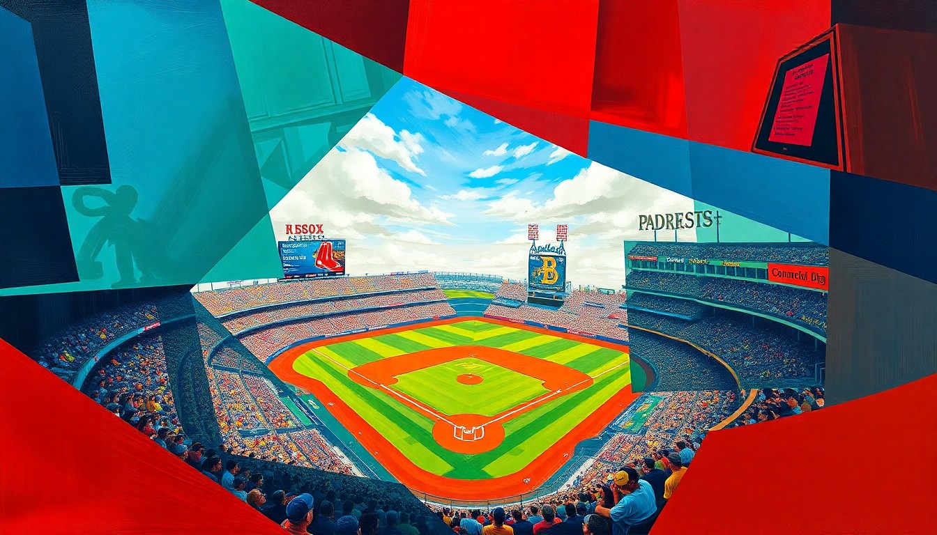 A fractured, multi-perspective painting in bold, geometric shapes and vibrant colors, capturing the energy and action of a baseball game between the Red Sox and Padres.