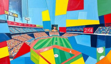 A fragmented, cubist-style painting depicting a baseball game, with sharp geometric shapes in bright primary colors representing the dynamic action on the field.