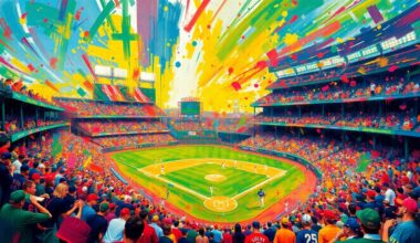 An abstract, expressionist painting in vibrant neon colors, capturing the dynamic energy and excitement of a packed baseball stadium on opening day, with players, fans, and the field blending together in a blur of movement and color.