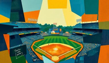 A fragmented, geometric painting depicting a baseball game, with sharp planes of navy, green, and orange overlapping to create a dynamic, abstract composition.