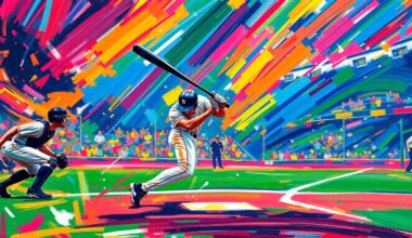 An abstract, expressionist painting in neon colors depicting the dynamic motion and energy of a baseball game, capturing the excitement of the Pirates