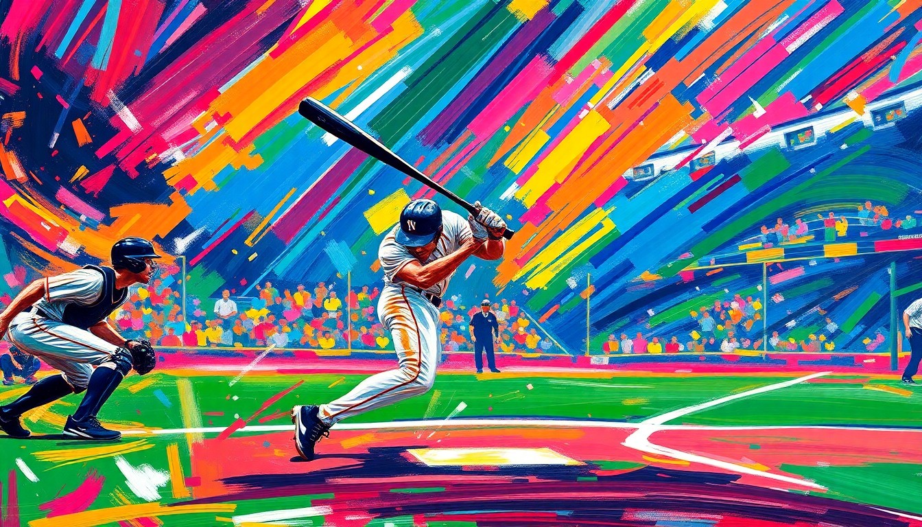 An abstract, expressionist painting in neon colors depicting the dynamic motion and energy of a baseball game, capturing the excitement of the Pirates