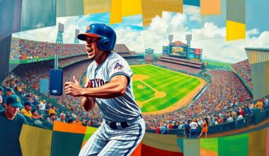 A cubist, geometric painting depicting a baseball player in motion, with fragmented limbs and equipment overlapping against a backdrop of stadium seating and field elements, conveying the chaotic energy of a player rushing to make it to the game on time.