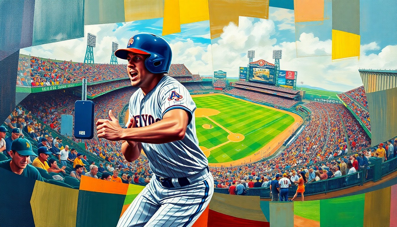 A cubist, geometric painting depicting a baseball player in motion, with fragmented limbs and equipment overlapping against a backdrop of stadium seating and field elements, conveying the chaotic energy of a player rushing to make it to the game on time.