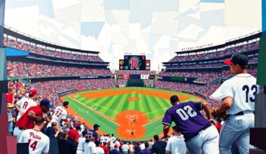 A fractured, cubist-style painting depicting a baseball game, with the players and field broken down into sharp, overlapping geometric shapes in the Phillies