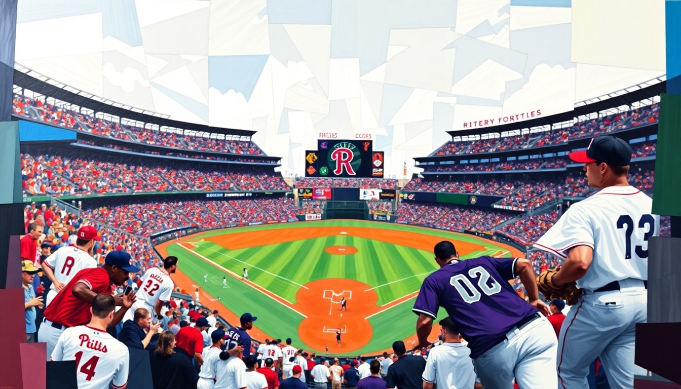 A fractured, cubist-style painting depicting a baseball game, with the players and field broken down into sharp, overlapping geometric shapes in the Phillies