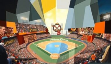 A cubist-style painting featuring overlapping geometric shapes and planes in shades of green, blue, and orange, conceptually representing the dynamic action and movement of a baseball game.