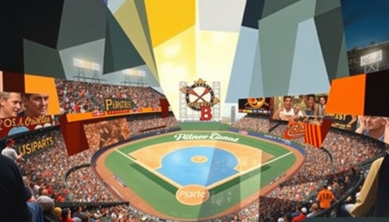 A cubist-style painting featuring overlapping geometric shapes and planes in shades of green, blue, and orange, conceptually representing the dynamic action and movement of a baseball game.