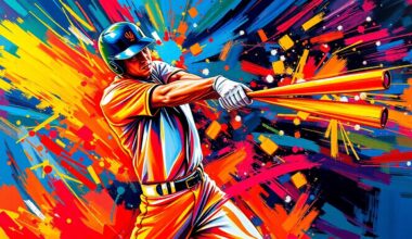 An abstract, energetic painting in neon colors depicting the explosive motion of a baseball player swinging a bat and connecting with the ball, the impact creating a dynamic, vibrant visual representation of the game-winning home run.