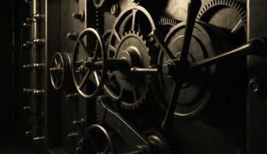 An extreme close-up of the heavy, industrial machinery and mechanisms that make up the inner workings of a large bank vault, conveying a sense of financial security and institutional power through the use of dramatic lighting and cinematic framing.