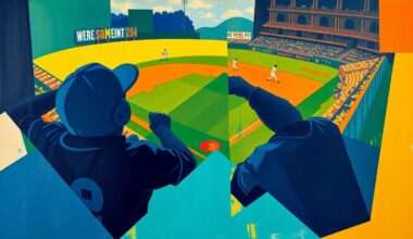 A cubist, geometric painting depicting a fragmented baseball game or match, with sharp planes of navy, green, and orange overlapping to create a dynamic, abstract composition.