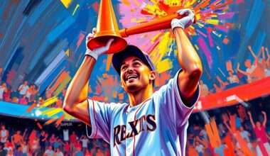 An abstract, energetic painting in neon colors depicting a baseball player enthusiastically hoisting an orange traffic cone, capturing the excitement and camaraderie of the Pirates