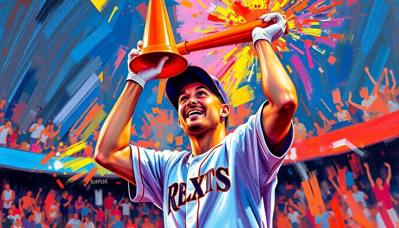 An abstract, energetic painting in neon colors depicting a baseball player enthusiastically hoisting an orange traffic cone, capturing the excitement and camaraderie of the Pirates