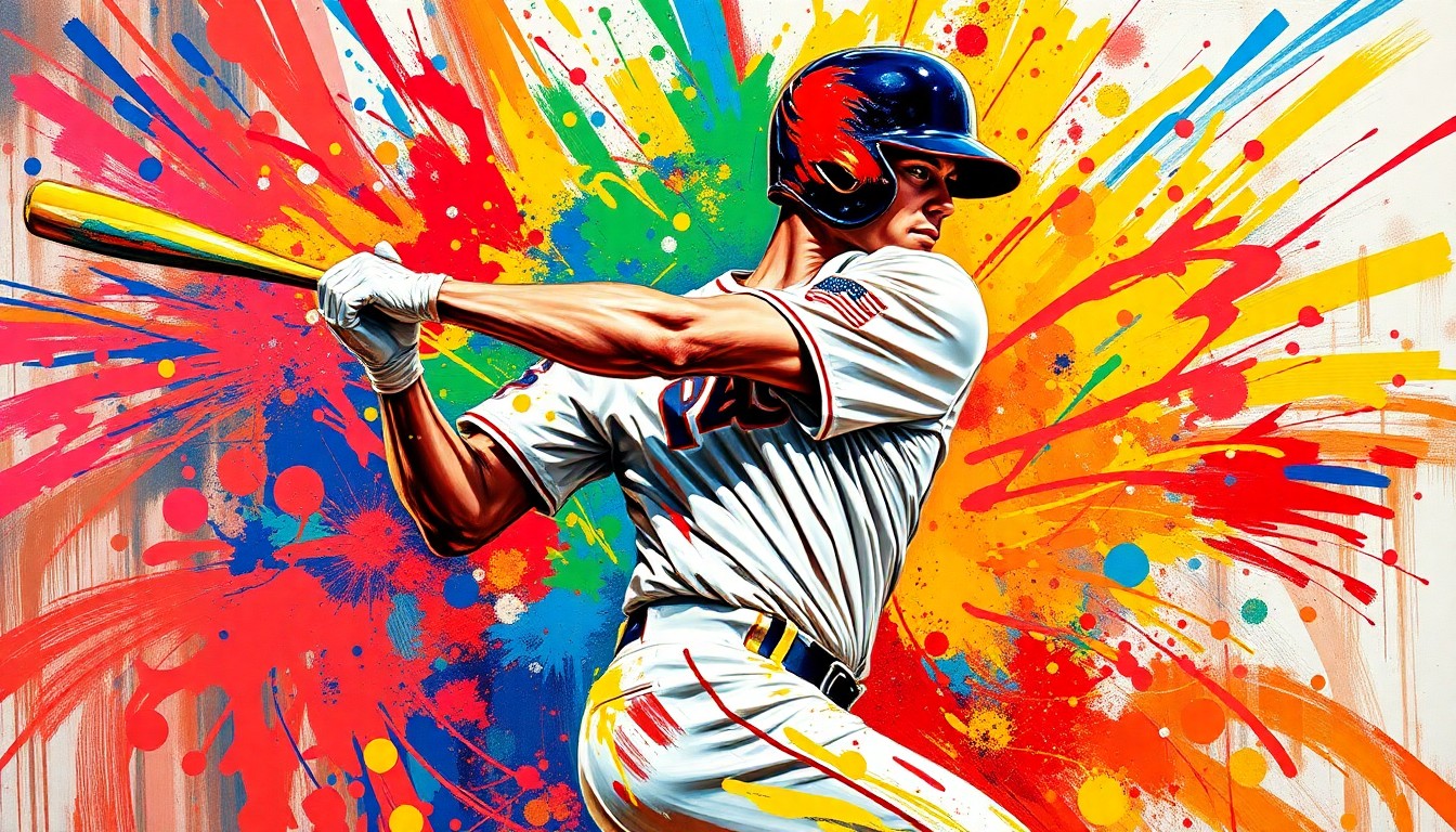An extreme close-up of a baseball player mid-swing, with vibrant neon brushstrokes capturing the raw power and energy of the moment, the batter