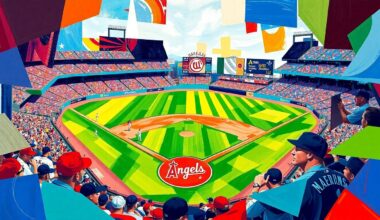 A fractured, multi-perspective painting depicting a baseball game between the Los Angeles Angels and Seattle Mariners, with the players and field broken down into sharp, overlapping geometric shapes and planes in a cubist style.
