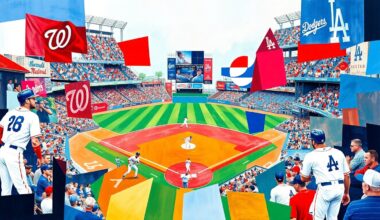 A fractured, multi-perspective painting in the style of Pablo Picasso, breaking a baseball game between two teams down into sharp, overlapping geometric planes of vibrant colors.