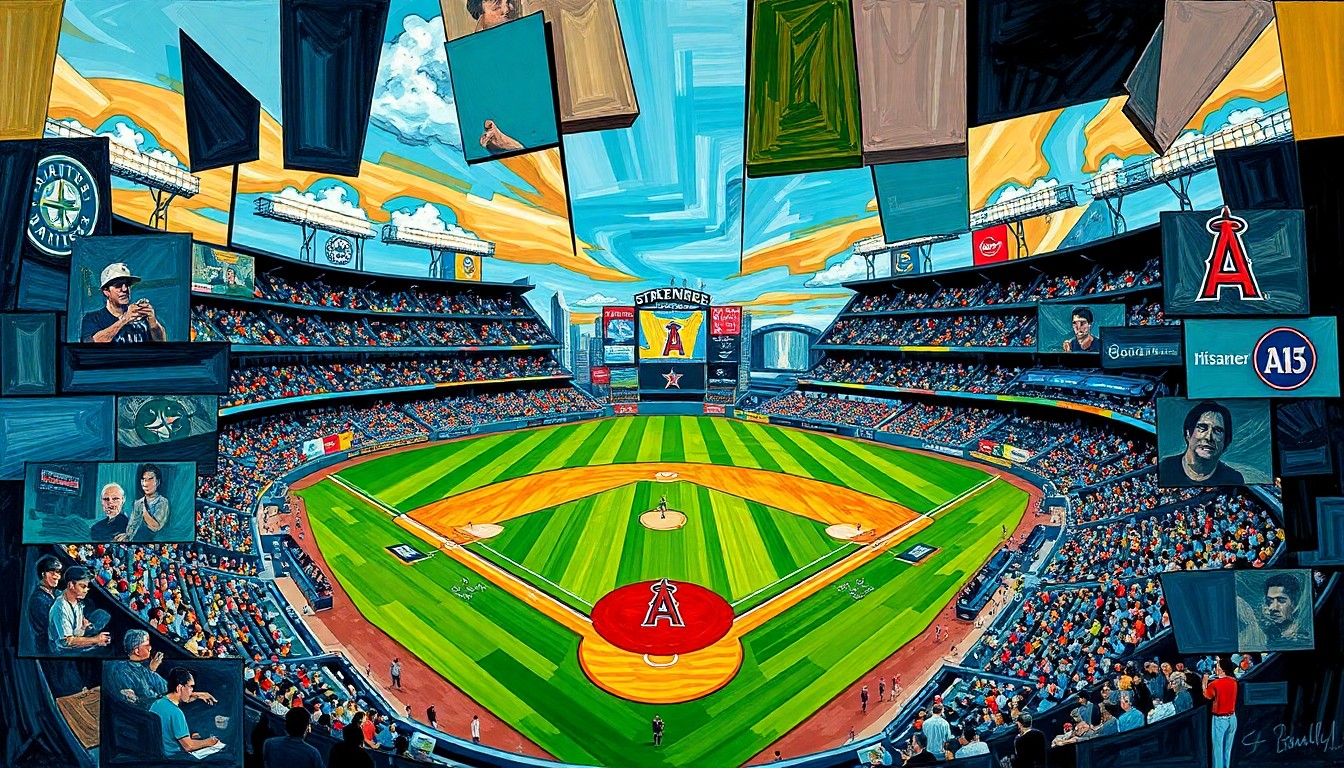 A fragmented, geometric painting depicting a baseball game between two teams, with players and the field broken down into sharp, overlapping shapes and planes of color.