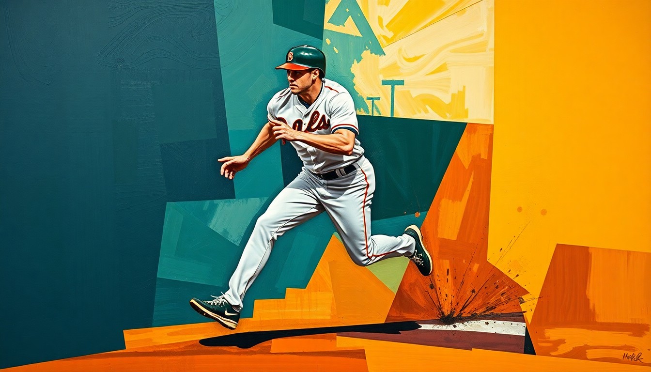 A cubist-style painting depicting a baseball player running the bases, with their body broken down into sharp, overlapping geometric shapes in shades of navy, green, and orange, conveying the dynamic motion and energy of the sport.