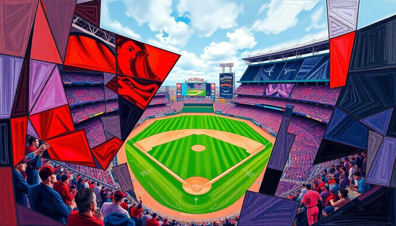 A cubist, geometric painting depicting a baseball game between the Philadelphia Phillies and Colorado Rockies, with the players and field fragmented into sharp, overlapping planes of color.