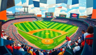 A cubist, geometric painting depicting a baseball game, with the players and field broken down into overlapping planes of bright red, blue, and white colors.