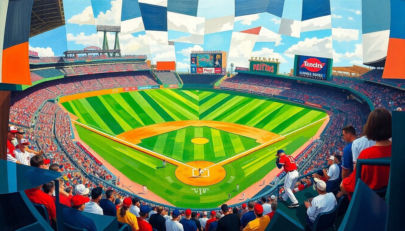 A cubist, geometric painting depicting a baseball game, with the players and field broken down into overlapping planes of bright red, blue, and white colors.