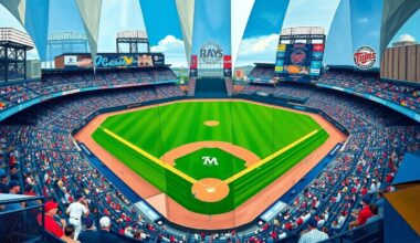 A fragmented, geometric painting depicting a baseball game between the Tampa Bay Rays and Minnesota Twins, with players and the field broken down into sharp, overlapping shapes and planes of color.