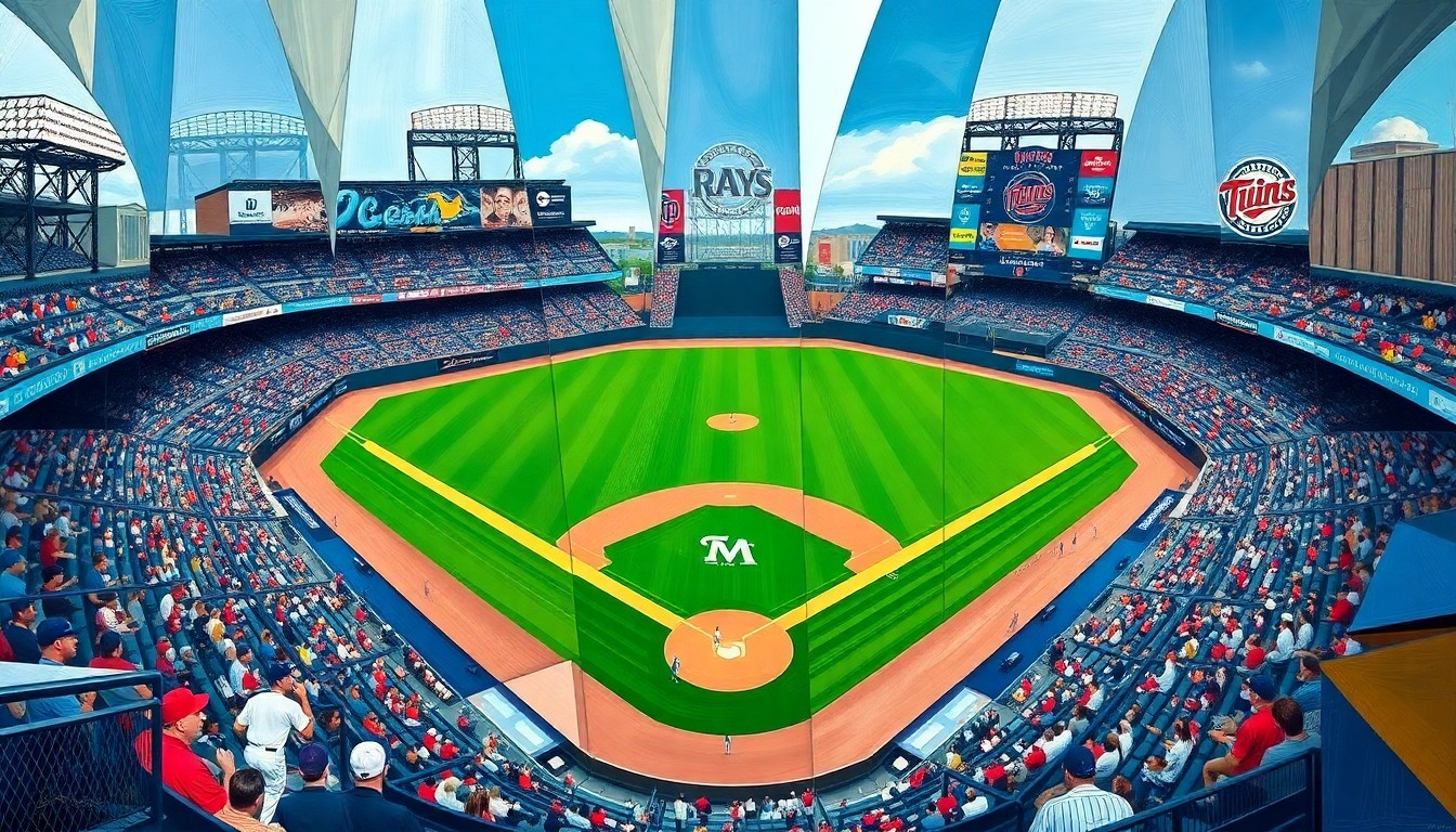 A fragmented, geometric painting depicting a baseball game between the Tampa Bay Rays and Minnesota Twins, with players and the field broken down into sharp, overlapping shapes and planes of color.