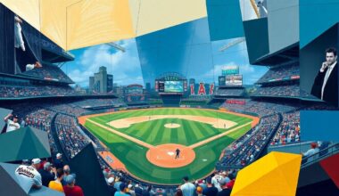 A cubist, geometric painting depicting a baseball game between the Seattle Mariners and Los Angeles Angels, with the players and field broken down into overlapping angular shapes and planes.