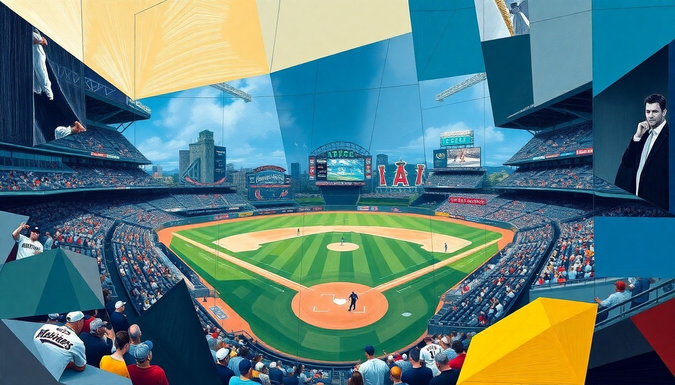 A cubist, geometric painting depicting a baseball game between the Seattle Mariners and Los Angeles Angels, with the players and field broken down into overlapping angular shapes and planes.