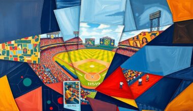A cubist, geometric painting depicting a Padres baseball game, with overlapping planes of navy blue, red, and gold representing the players, field, and action on the field.