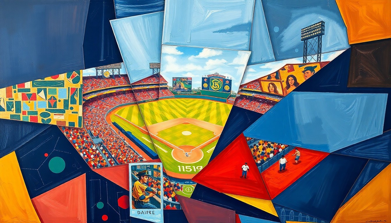 A cubist, geometric painting depicting a Padres baseball game, with overlapping planes of navy blue, red, and gold representing the players, field, and action on the field.